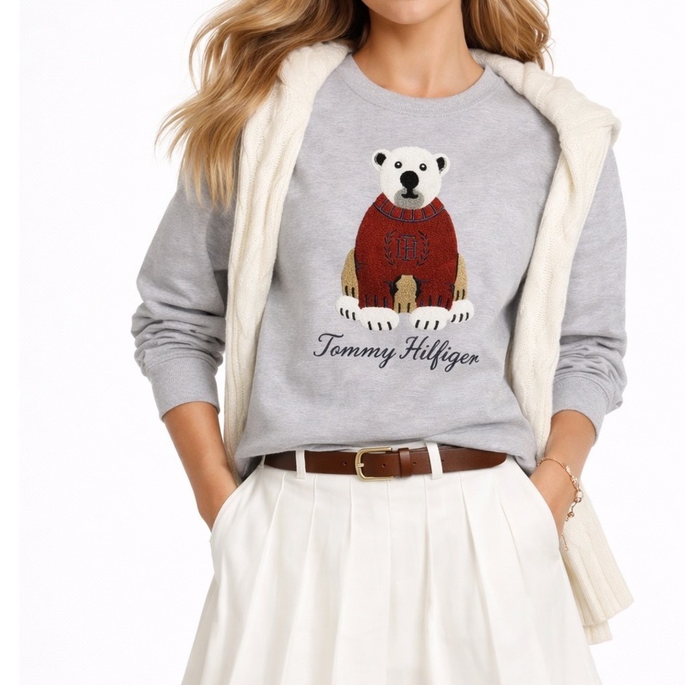Tommy Hilfiger Polar Bear Looped Appliqué Logo Preppy Gray Sweater Size‎ Large